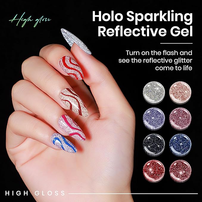 MIZHSE Reflective Glitter Gel Polish, 8 Colors Red Silver Reflective Gel Polish Holographic Christmas Shiny U V LED Soak Off Sparkly Gel Nail Polish for Nail Salon Home DIY Manicure