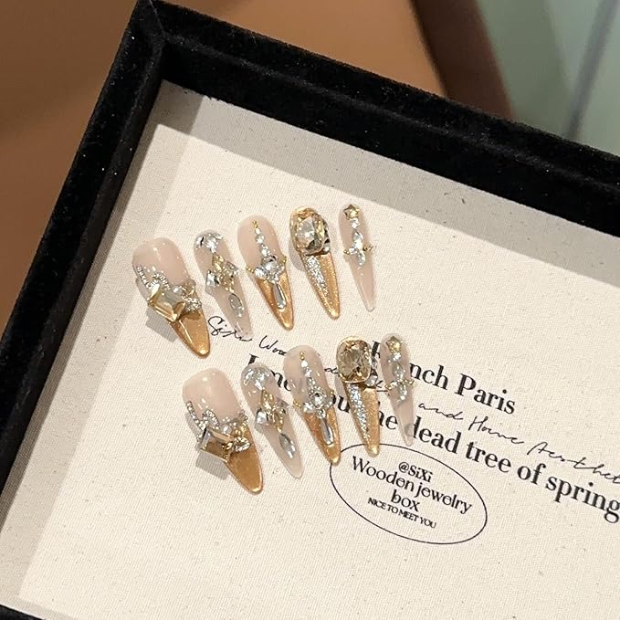 Luxury Long Stiletto Press-On Nails, Yellow Glitter with 3D Rhinestones and Heart Gems, Handmade False Nail 10 Pieces (Medium, LS)