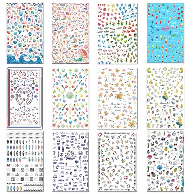 TailaiMei Summer Beach Nail Stickers, 1500+ Pcs Self-Adhesive DIY Nail Art Decals Shark Nautical Turtle Design (12 Sheets)