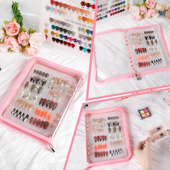 Press on Nail Organizer Binder Book, 8 A5-Sized Insert Pages & Double Sized Tape, Press on Nails Display Storage Book, Reusable Fake Nail Swatch Collecting Book (Pink)