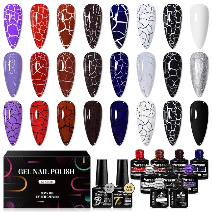 MTSSII 12pc Crackle Gel Nail Polish Set - 7 Colors: Red, Purple, Orange, Pink, Green, Blue + White, Silver, Black - Quick Dry Nail Art Kit - Fall Gift for Women