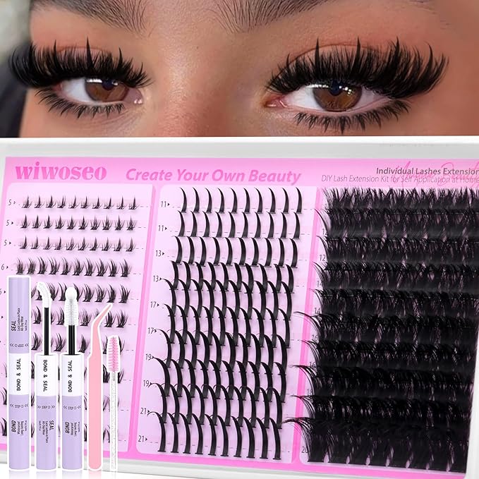 wiwoseo Bottom Lash Clusters with spikes Lash Clusters Kit Volume Lash Spikes Cluster Eyelash Extensions 200D Eyelash Clusters Fluffy Mink Lashes Clusters with Bond and Seal Lash Glue for Beginners