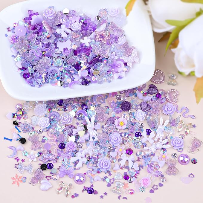 100 Pieces 3D Resin Butterfly Bear Nail Charms Rose Flower Peach Skirt Bow Deer Snake Rabbit Animal Shaped Nail Art Rhinestones Pearls for DIY Nail Art Decoration Making Craft (Purple)