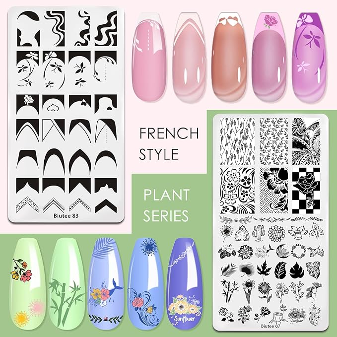 Biutee Nail Art Stamping Plates Set 10PCS French Line Stamp Templates, Nail Stamping Kit with Silicone Nail Stamper for DIY Print Manicure Salon Design Gift In Home