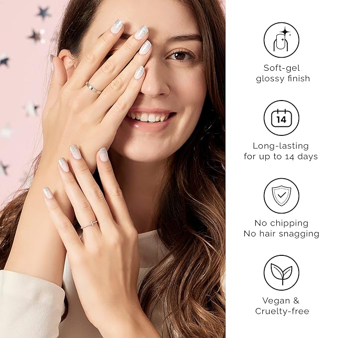NAILOG Semi Cured Gel Nail Strips, Extra Long Glitter Nail Polish Strips (20 Pieces), Buy 2 Get 1 UV Lamp, Long Lasting Gel Nails with Soft Glossy Gel Finish, Ballerina