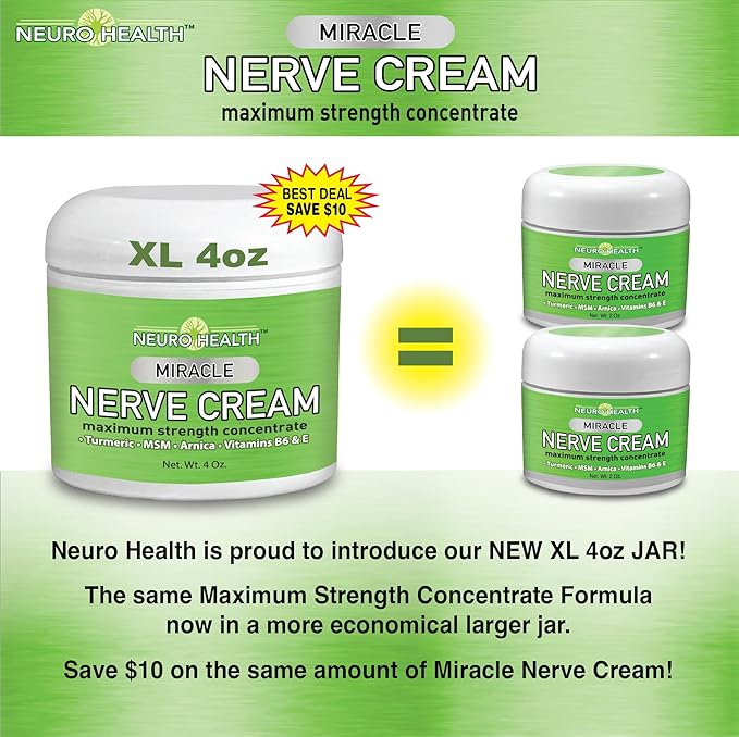 Miracle Nerve Cream - XL 4oz JAR - Maximum Strength - Turmeric and Arnica Blend for Neuropathy Discomfort Relief - Soothing Foot & Hand Formula with MSM, B6, E - Made in USA