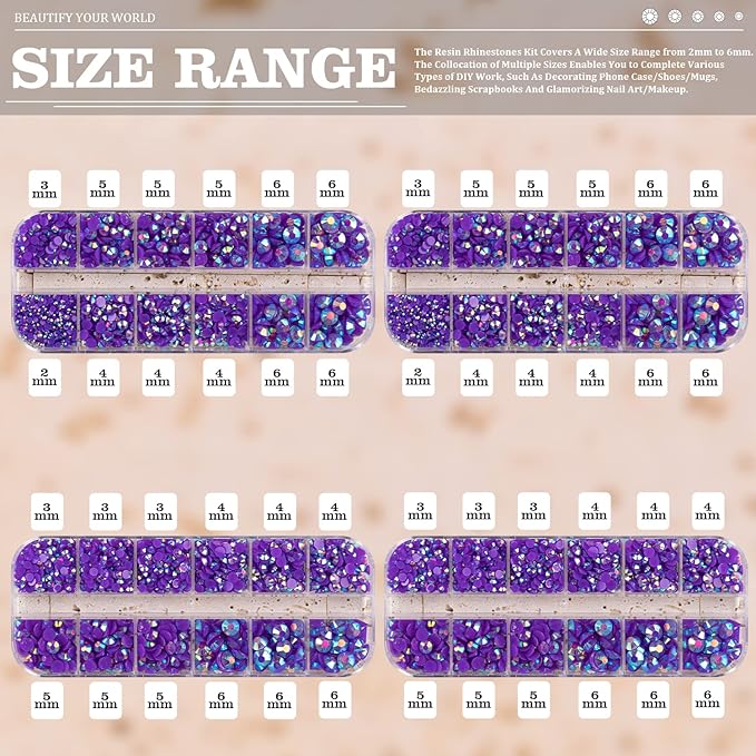 7000PCS Resin Rhinestones with Tweezers for Crafting, 2/3/4/5/6mm Flatback Jelly Rhinestones, 4 Box Dark Purple AB Non Hotfix Crystal Gems for DIY Crafts Mugs Tumblers Clothes Makeup Nail