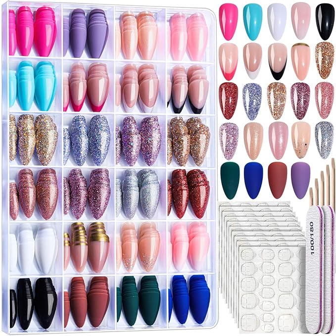 FANDAMEI Press on Nails, 24 Colors 576PCS Press on Nails Almond, Matte Glossy Fake Nails Short Almond, Glitter Fake Nails, Press on Nails French Tip Natural for Nail Art
