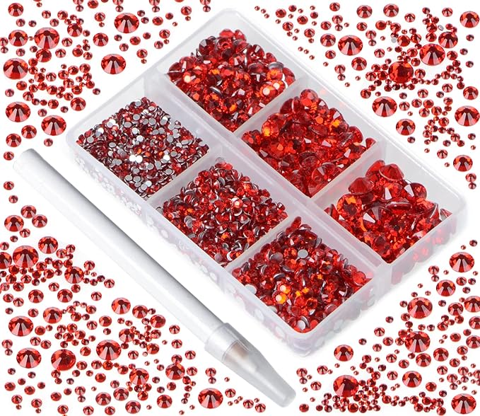 Bymitel 5000 Pieces 6 Mixed Sizes Glue Fix on Glass Rhinestones Round Crystal Gems Flatback for DIY Jewelry Making with one Picking Pen (6-Sizes 5000PCS, Siam)
