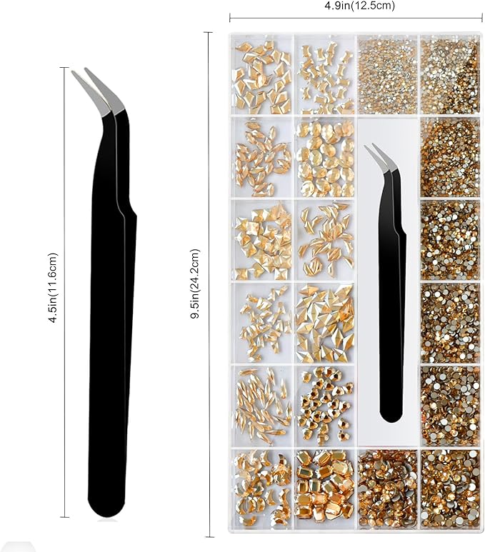 Nail Rhinestones Set, Multi Shapes Champagne Gold Rhinestones for Nails, Mixed Size Nail Charms, Flatback Nail Jewels with Wax Pencil and Tweezers, Storage in Rinestones Set Box