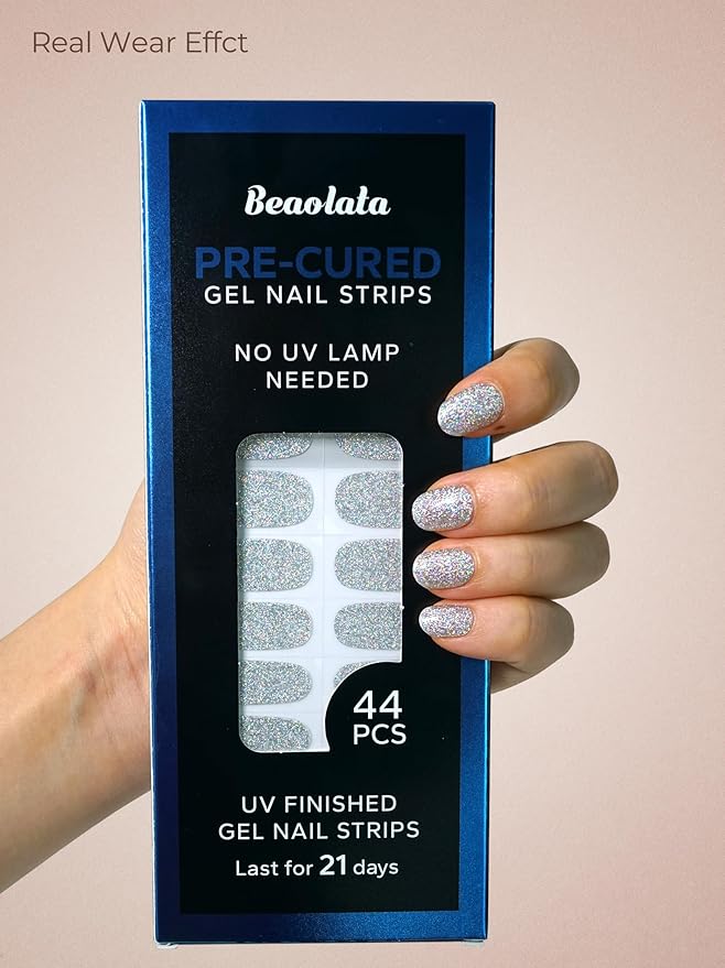 Pre Cured Gel Nail Strips - 44PCS Salon Quality Gel Nail Stickers - Long Lasting Polish Wraps for Women no UV Light Needed Easy Apply& Remove (Ethereal Silver)