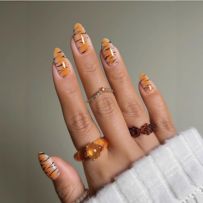 Press on Nails Medium Almond Fake Nails with Tiger Stripe Designs Gradient False Nails Glossy Animal Print False Nails Brown Orange Acrylic Nail Fall Stick on Nails Artificial Nail for Women 24Pcs