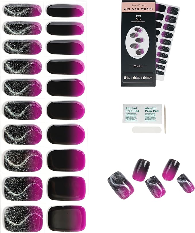 Semi Cured Gel Nail Strips - 20pcs Glaze Gel Stickers, Salon Quality DIY Wraps, Easy to Apply, UV Light Required