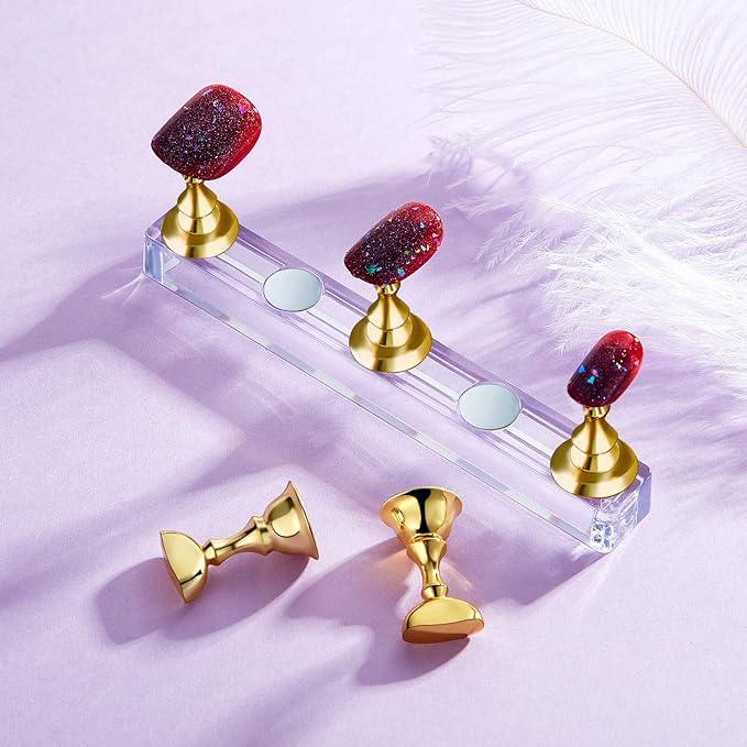 Blulu 2 Sets Nail Stand for Press on Acrylic Nails Display Practice Magnetic Fake Nail Holder for Painting Nails for False Fingernail Manicure Tool Home DIY Salon Supplies(Gold)