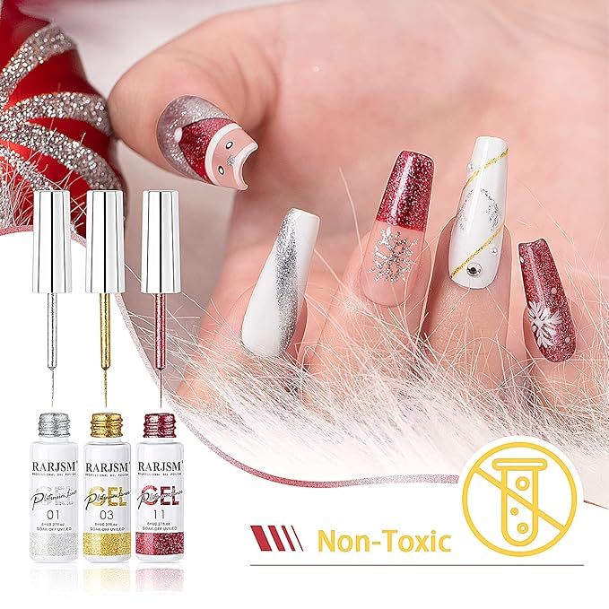 Painted Gel Nail Polish Set, Nail Art Metallic Liner Painting Polish Set U V L E D 12 Colors Platinum Liner Gel Champagne Glitter Silver Rosa Gold Green Blue Purple Paint for Nail Art Design