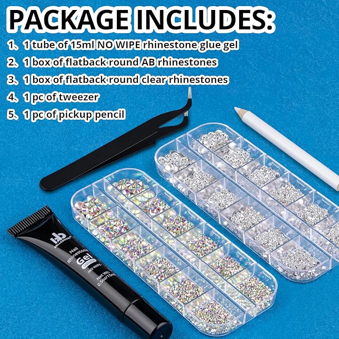 BELLEBOOST Nail Art Rhinestone Glue Gel&2 Boxes Flatback Gems Kit, 1 Tube of 15ml Rhinestone Gel Glue(UV/LED Needed)+Crystal AB Gems+Flat-Back Round Glass Clear Gemstones with Pickup Tools