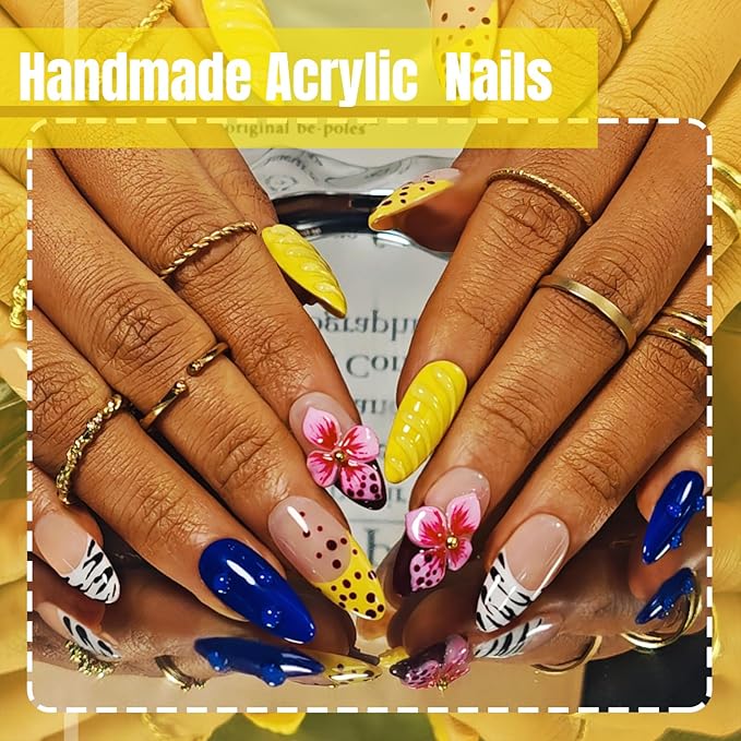 Handmade Acrylic Press On Nails Almond, 3D Press On Nails Medium, Yellow French Tip Nails 3D Flower Bee With Bubble For Women Gift, Reusable Stick On Fake Nails Kit With Nail Glue(Bee's Garden-M)