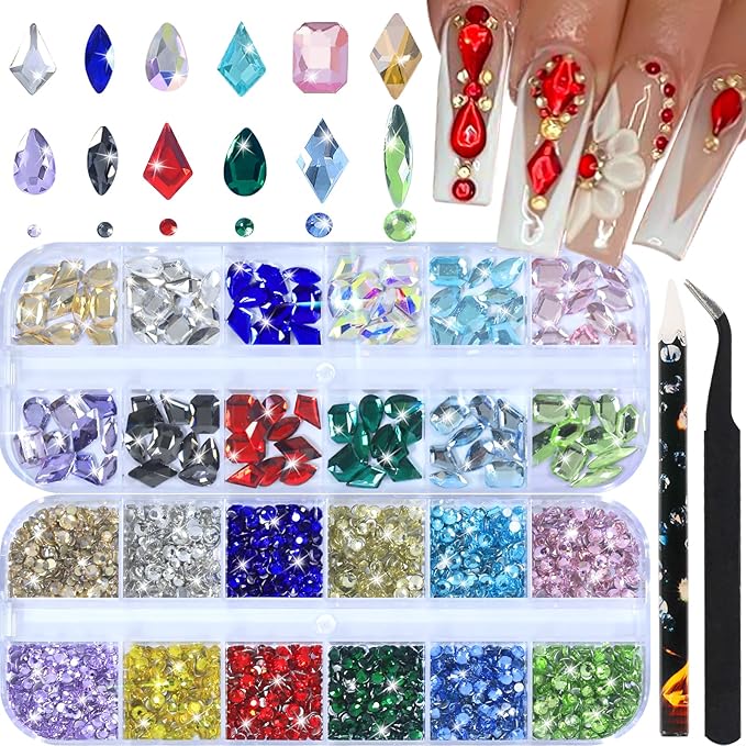Nail Rhinestones - 3D Multiple Shapes Colorful, Crystals Gem, Round Flatback Rhinestones for Nails, with Kit, for Nail Art