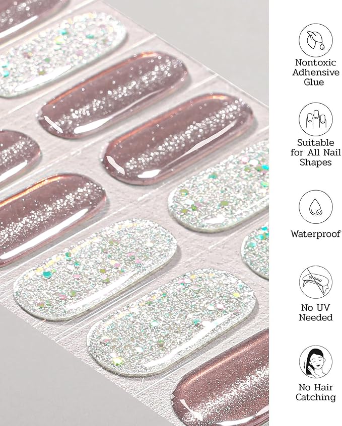 Nail Polish Strips (No UV Lamp Needed) - 22 Pcs Salon Quality Gel Nail Stickers - Long Lasting Wraps (Silver Moon Haze)