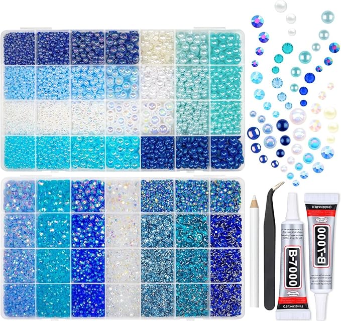 qiiipi 2 Big Boxes Blue Resin Pearls and Rhinestones Flatback Stones Gems Diamonds Half Pearls Bedazzler Kit for Nails Eyes Face Makeup Tumblers Bottles DIY Crafts﻿ Bedazzling Crafting Shoes Phones