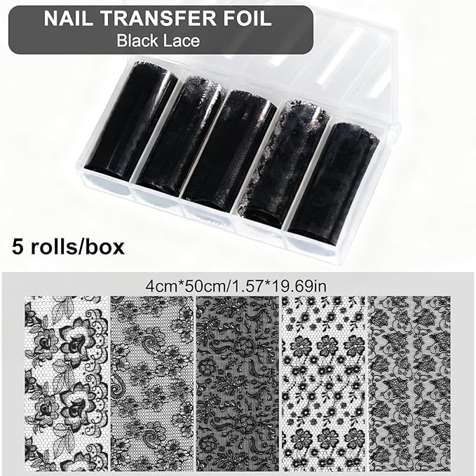 20 Rolls Lace Nail Foil, 4 Boxes Black and White Nail Art Foil Decals Sheet, Holographic Transfer Foils Stickers Paper Nails Supply for Women Girls Acrylic Manicure Wraps Decoration