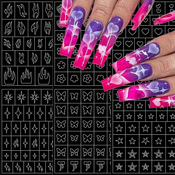 6 Sheets Heart Flower Nail Guides 3D Flame Heart Butterfly Star Nail Art Stickers Airbrush Nail Stencils Stickers Supplies Hollow Guides Nail Decals for Women Acrylic Nails Decoration Stencil Tools