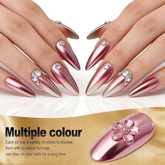 Artdone Chrome Nail Powder 6PCS Metallic Mirror Glitter Effect Rose Gold Silver Pigment kit for Nail Art Supplies Design Decoration Accessories Stuff for Gel Nail Polish