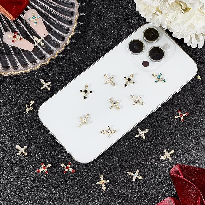 CRASPIRE 36Pcs 6 Colors Cross Nail Charms 3D Y2K Metal Alloy Rhinestone Flat Luxury Gems Set Gothic Vintage Punk Studs Decor for Women Art Crafts DIY Jewelry Christmas Decorations Cellphone