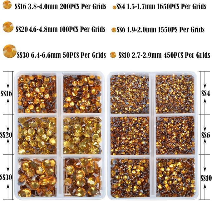 NCB Hotfix Iron on 8000pcs Crystal Rhinestones Round Gem for Crafts Decoration DIY Jewelry Making with a Tweezers and 2 Picking pens (Topaz, 6Sizes SS4-SS30)