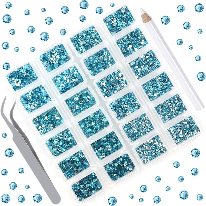 10000 Pieces Rhinestones 6 Sizes Round Crystal Glass Flat Back Rhinestones with 1Tweezers and 1Picking Pen for Nail Art Crafts Clothes Bags DIY (Aquamarine)