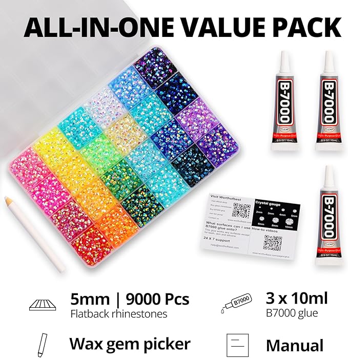9000Pcs Resin Rhinestones for Bedazzling Crafting, 5mm Jelly Colorful Rainbow Bedazzle Flat Back Gems, Mixed Colors Bedazzled Jewel Diamonds with Glue for Book Crafts Shoes Clothing Fabric Tumbler