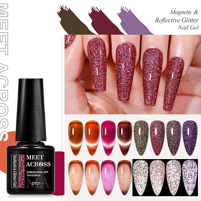 MEET ACROSS 8pcs Nail Polish Set, Soak off UV LED Lamp Cat Eye Gel Set, Home Manicure Kit 7ml (Amber Cat Eye + Diamond Gel)