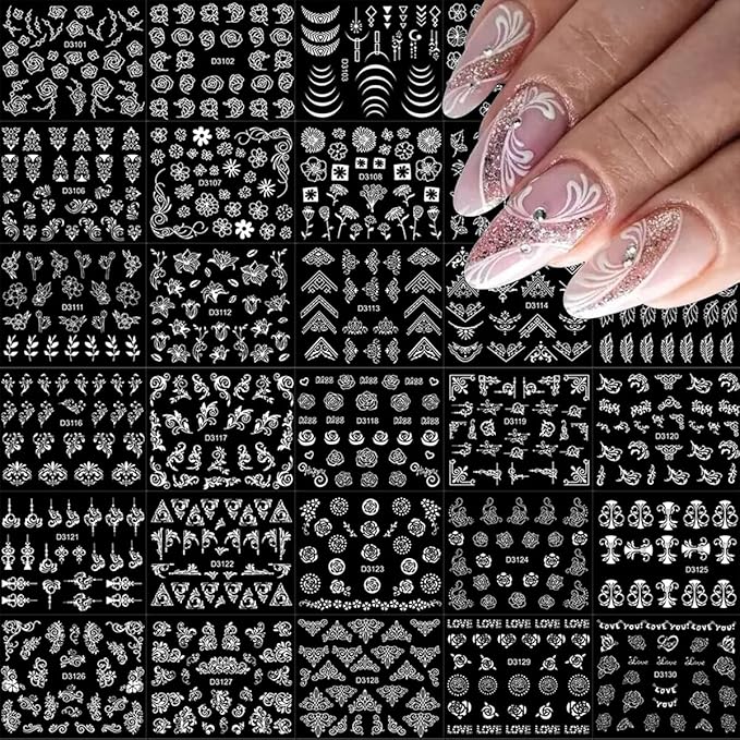 90 Sheets Flower Nail Stickers 3D Self-Adhesive Gold White Black Nail Decals Lace Retro Floral Leaf Nail Art Designs for Women and Girls Nail Art Decoration Accessories with Nail Tweezer