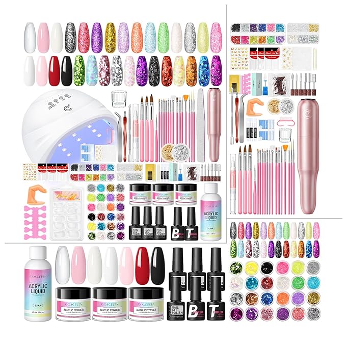 COSCELIA Acrylic Nail Kit for Beginners with Everything 4PC Gel Polish 3PC Acrylic Powder with Drill and U V Light 24 Colors Glitter Powder Complete Gel Manicure Kit Nail Stickers DIY Gifts for Women