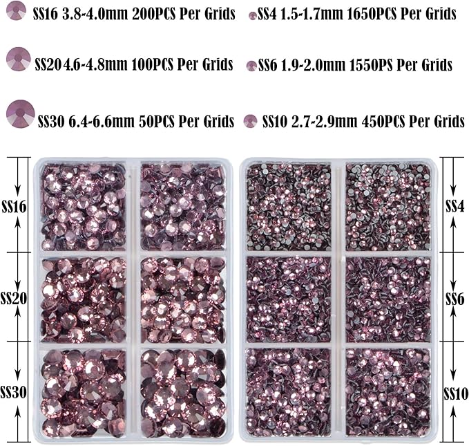 NCB Hotfix Iron on 8000pcs Crystal Rhinestones Round Gem for Crafts Decoration DIY Jewelry Making with a Tweezers and 2 Picking pens (Lt. Amethyst, 6Sizes SS4-SS30)
