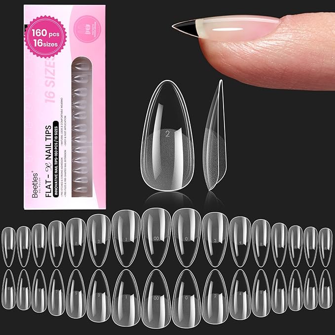Beetles Gel Nail Tips Flat-X - Almond Medium, 160pcs 16 Sizes, Pre-Etched Half Matte Full Cover Soft Acrylic False Nail Tips Clear Press on Easy DIY Extension Salon for Flat & Natural Nail Beds