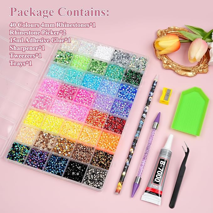 Resin Jelly Rhinestones for Bedazzling, EARLMONI Multi Colord Bedazzler Kit with 15ml B7000 Glue Rhinestone Pen Tool for Clothes Nail Art (40 Colors, 4MM)