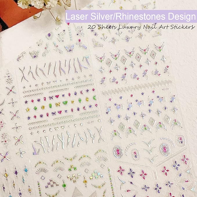 Zoance 20 Sheet 3D Nail Art Stickers, 3D Laser Silver/Rhinestones Design Luxury Self-Adhesive Nail Decals Customized Geometric&Stripe Line Nail Stickers for Women Gils Nail DIY Decoration Accessories