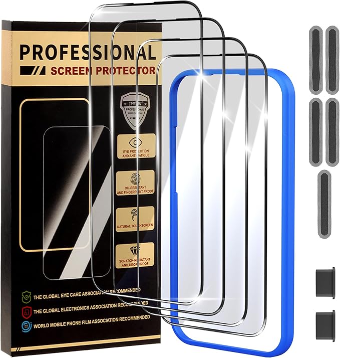 4 Pack for iPhone 14 Plus/ 13 Plus Screen Protector, Military-Grade Shatterproof, 9H Hardness, Full Coverage Tempered Glass for iPhone 14Plus-6.7 inch with Install Frame