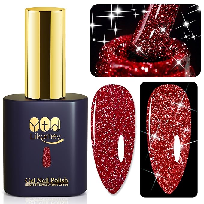 YTD Likomey Reflective Glitter Gel Nail Polish,15ml Red Flash Diamond Shimmer Nails Gel,Sparkly Shiny Salon Home Fall Winter Manicure UV Color Varnish,SZ001