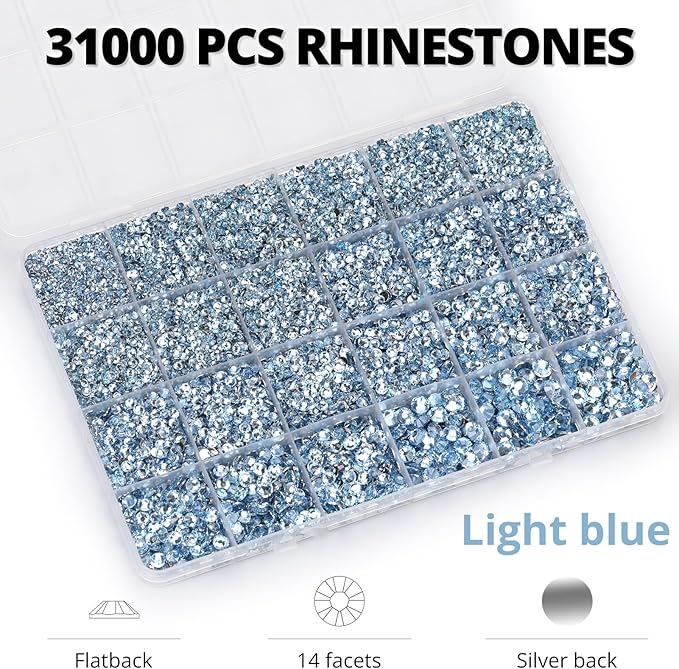 33000Pcs Light Blue Rhinestones for Bedazzling, Bedazzler Kit with Flatback Craft Rhinestones Bulk and B7000 Glue, 2,3,4,5,6mm Resin Flat Back Crystals for Craftings, Crafts, Clothes, Shoes, Nails