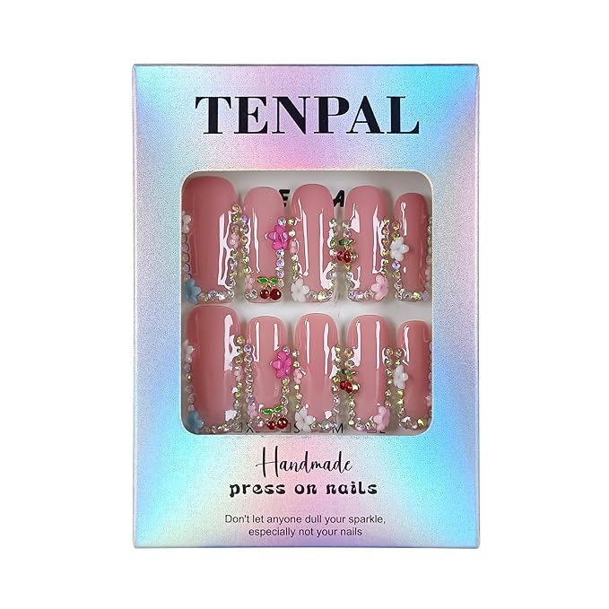DazzleShine Press on Nails Long Square - Sheer Pink French Tip with Rhinestone Edge Luxury False Nails for Women,Glossy Handmade Acrylic Glue on Nails for Daily(S)
