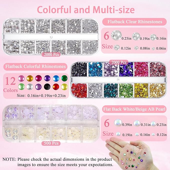 Hair Face Gems Rhinestone with Makeup Glue, Flat Back Colorful Jewels Crystal Rhinestone Half Round AB Pearl Kit, Wax Pencil Tweezer and Brush for Face Eyes Hair Body Makeup