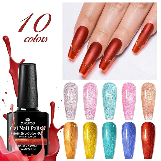 12Pcs Reflective Glitter Gel Nail Polish + Metallic Gel Nail Polish Set Gel Nail Art Manicure Kit 10 Colors