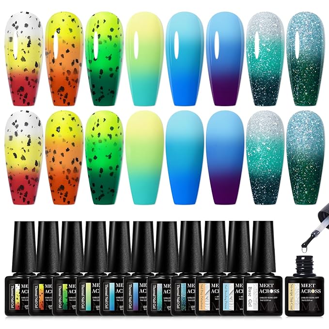 MEET ACROSS 12PCS Color Changing Gel Nail Polish Set Blue Green Mood Temperature Change Nail Polish Eggshell Gel Polish Set Nail Art Design 8 Colors