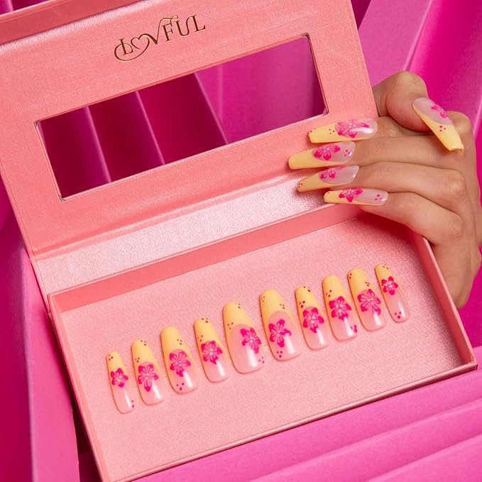 LOVFUL Press on Nails Waikiki Beach | Handmade with Full Covered Crystals | Reusable Full Cover Nails | Coffin Classic Regular 1.3 in | H285-S