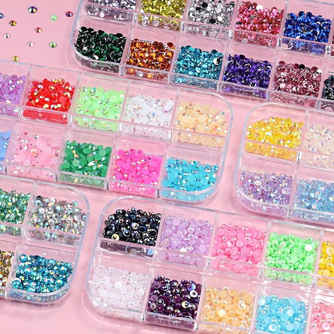 5 Boxes 7200pcs Sparkling Crystal Nail Rhinestones Pearls Kit, Flatback Multicolor Transparent Jelly AB Mermaid Gems with Pick Up Pen and Curved Tweezers for Manicure Salon & Craft DIY Designs (3mm)