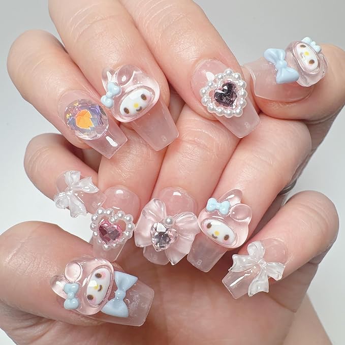 Thick Gel Press On Nails,Pink Acrylic Handmade Square Fake Nails, Reusable Cute Rabbit Kawaii Luxury Glue On Nails Set With Application Tools,10 pcs Size L,#949