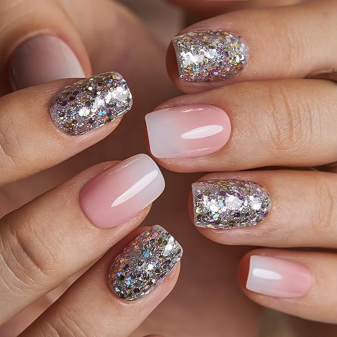 CurvLife Press On Nails Short Square Pink Ombre Silver Glitter, Glossy Soft Gel Fake Nails, Reusable Salon Look Manicure for Women Teens Beginners, 30pcs, Daily Wear Work Party