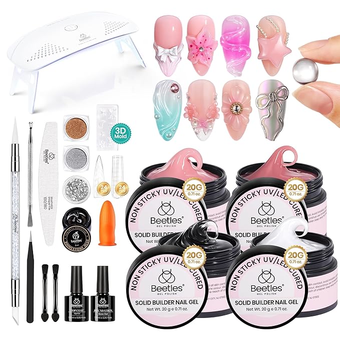 Beetles Solid Builder Gel for Nails,4 Colors Clear Pink White 3D Sculpting Gel Non-Sticky Hand Carving Nail Glue for 3D Nail Art with 3D Mold Chrome Powder Tools Salon DIY at Home,UV&LED Needed